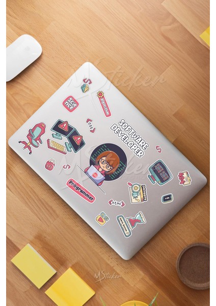 Software Developer Temalı Laptop Telefon Termos Kask Motor Ayakkabı Defter Ajanda Sticker Seti