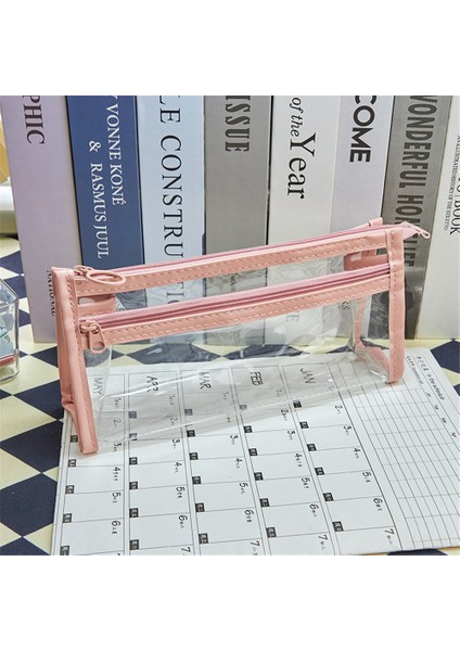 Öğrenci Çift Katmanlı Fermuarlı Pvc Şeffaf Büyük Kapasiteli Taşınabilir Bölme Basit Kırtasiye 2 # Çift Katmanlı-Pembe Kalem Kutusu (Yurt Dışından)