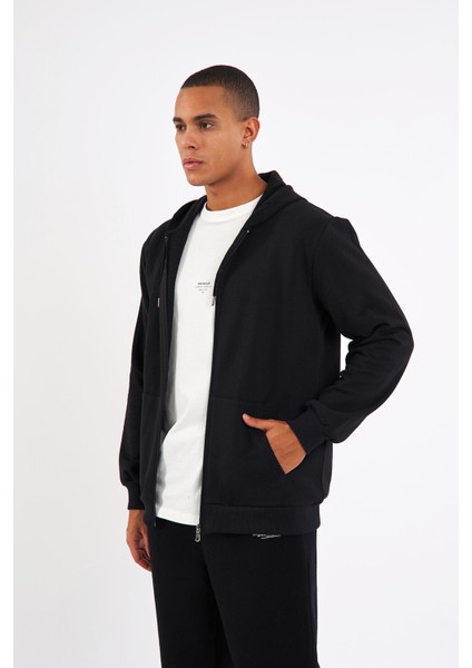 Siyah Kanguru Cepli Kapüşonlu Fermuarlı İçi Pamuklu Erkek Sweatshirt fırsatları