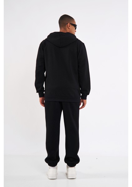 Siyah Kanguru Cepli Kapüşonlu Fermuarlı İçi Pamuklu Erkek Sweatshirt