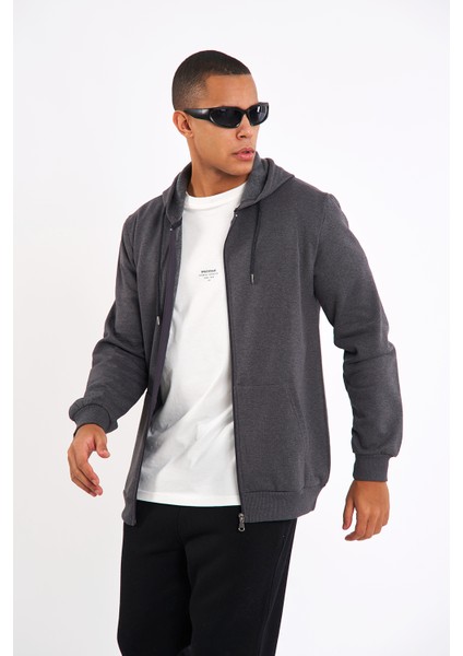 Antrasit Kanguru Cepli Kapüşonlu Fermuarlı İçi Pamuklu Erkek Sweatshirt
