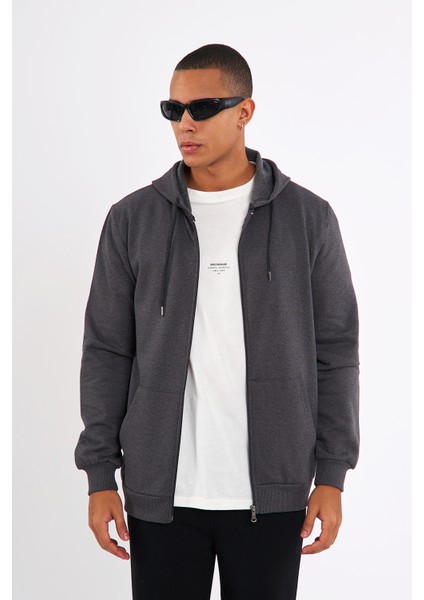 Antrasit Kanguru Cepli Kapüşonlu Fermuarlı İçi Pamuklu Erkek Sweatshirt