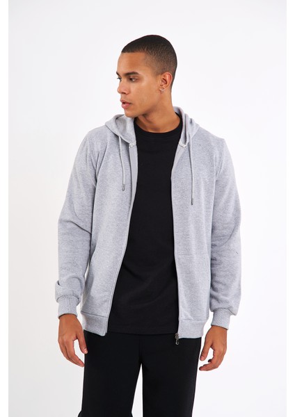 Gri Kanguru Cepli Kapüşonlu Fermuarlı İçi Pamuklu Erkek Sweatshirt fiyatları