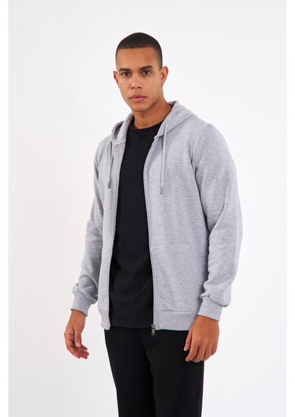Gri Kanguru Cepli Kapüşonlu Fermuarlı İçi Pamuklu Erkek Sweatshirt modelleri