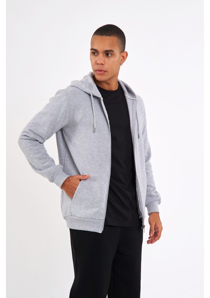 Gri Kanguru Cepli Kapüşonlu Fermuarlı İçi Pamuklu Erkek Sweatshirt fırsatları