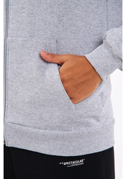 Gri Kanguru Cepli Kapüşonlu Fermuarlı İçi Pamuklu Erkek Sweatshirt indirimleri