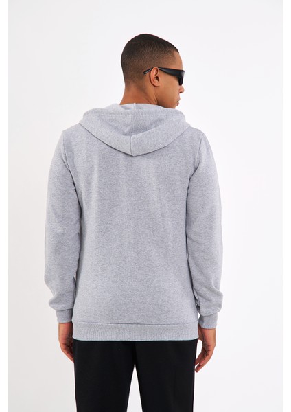 Gri Kanguru Cepli Kapüşonlu Fermuarlı İçi Pamuklu Erkek Sweatshirt