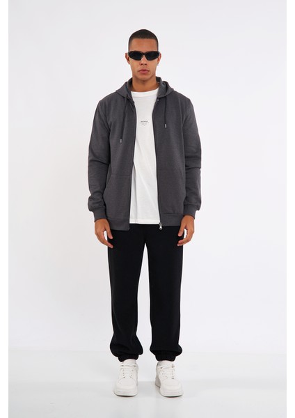 Antrasit Kanguru Cepli Kapüşonlu Fermuarlı İçi Pamuklu Erkek Sweatshirt