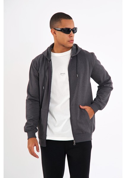 Antrasit Kanguru Cepli Kapüşonlu Fermuarlı İçi Pamuklu Erkek Sweatshirt fiyatları