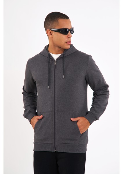 Antrasit Kanguru Cepli Kapüşonlu Fermuarlı İçi Pamuklu Erkek Sweatshirt fırsatları