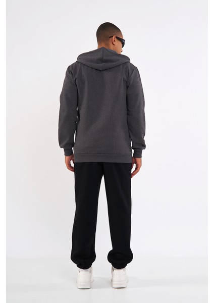 Antrasit Kanguru Cepli Kapüşonlu Fermuarlı İçi Pamuklu Erkek Sweatshirt