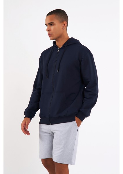 Lacivert Kanguru Cepli Kapüşonlu Fermuarlı İçi Pamuklu Erkek Sweatshirt fiyatları