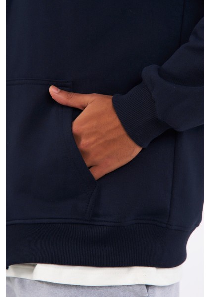 Lacivert Kanguru Cepli Kapüşonlu Fermuarlı İçi Pamuklu Erkek Sweatshirt indirimleri