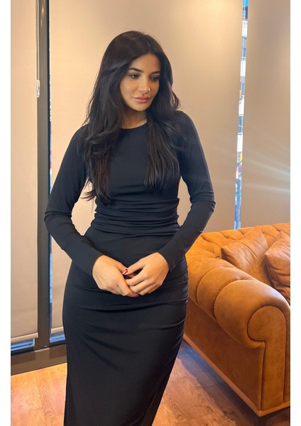 Siyah Asimetrik Yırtmaç Kesim Bel Drapeli Likralı Elbise fiyatları