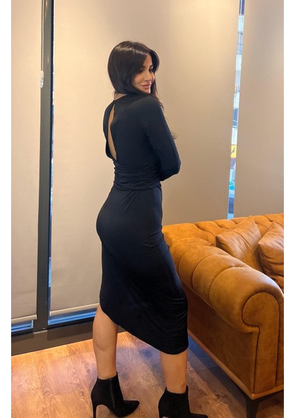 Siyah Asimetrik Yırtmaç Kesim Bel Drapeli Likralı Elbise fırsatları