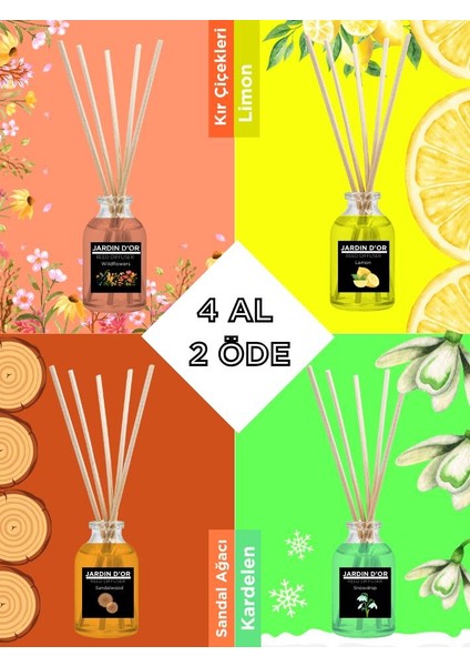 4'lü Çubuklu Oda Kokusu Seti- Avantajlı Paket 50 ml (Kır Çiçekleri-Kardelen-Limon-Sandal Ağacı) Reed Diffuser