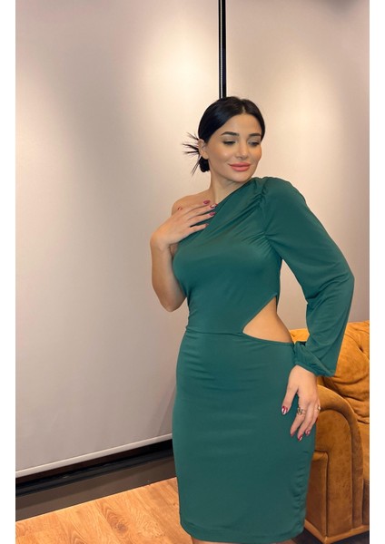 Kadın Yeşil Uzun Kollu Tek Omuzu Açık Yan Detay Dekolte Elbise