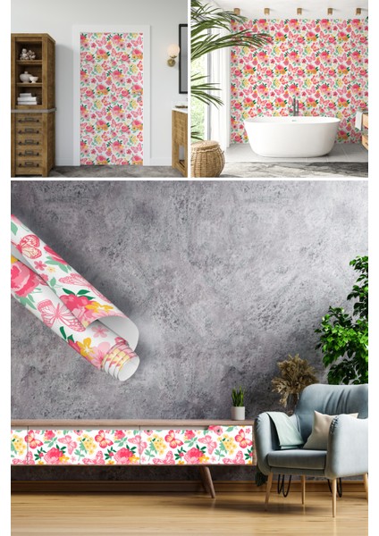 Pembe Sarı Kelebek ve Çiçek Desenli Yapışkanlı Folyo, Mutfak, Tezgah, Masa, Dolap Kaplama Folyosu, Isıya Dayanıklı, Su Geçirmez, Yapışkan Folyolar, Sticker, Büyük Ebatlı, Dekoros