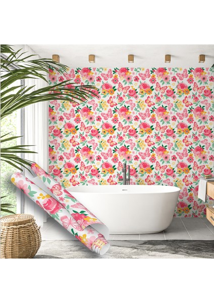 Pembe Sarı Kelebek ve Çiçek Desenli Yapışkanlı Folyo, Mutfak, Tezgah, Masa, Dolap Kaplama Folyosu, Isıya Dayanıklı, Su Geçirmez, Yapışkan Folyolar, Sticker, Büyük Ebatlı, Dekoros