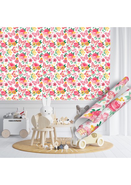 Pembe Sarı Kelebek ve Çiçek Desenli Yapışkanlı Folyo, Mutfak, Tezgah, Masa, Dolap Kaplama Folyosu, Isıya Dayanıklı, Su Geçirmez, Yapışkan Folyolar, Sticker, Büyük Ebatlı, Dekoros