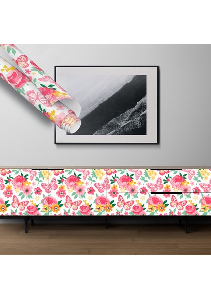 Pembe Sarı Kelebek ve Çiçek Desenli Yapışkanlı Folyo, Mutfak, Tezgah, Masa, Dolap Kaplama Folyosu, Isıya Dayanıklı, Su Geçirmez, Yapışkan Folyolar, Sticker, Büyük Ebatlı, Dekoros