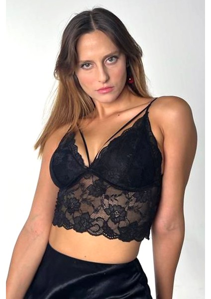 Kadın Siyah Dantelli Şık Bralet