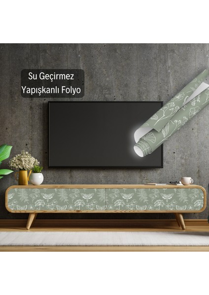 Yeşil Üzeri Beyaz Kelebek ve Çiçek Desenli Yapışkanlı Folyo modelleri
