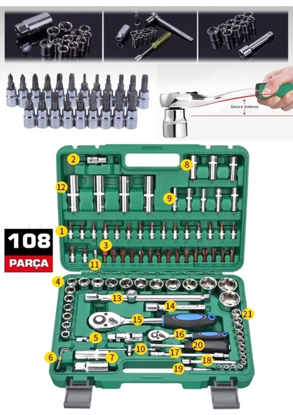 Profesyonel 108 Parça Çok Fonksiyonlu 1/2 ve 1/4 Cırcırlı Lokma Anahtar Takımı Bits Uç Krom Çelik