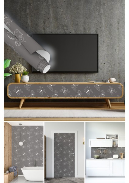Gri Üzeri Beyaz Minimal Kelebek Desenli Yapışkanlı Folyo, Mutfak, Tezgah, Masa, Dolap Kaplama Folyosu, Isıya Dayanıklı, Su Geçirmez, Yapışkan Folyolar, Sticker, Büyük Ebatlı, Dekoros
