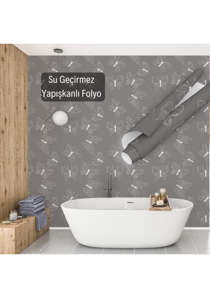 Gri Üzeri Beyaz Minimal Kelebek Desenli Yapışkanlı Folyo, Mutfak, Tezgah, Masa, Dolap Kaplama Folyosu, Isıya Dayanıklı, Su Geçirmez, Yapışkan Folyolar, Sticker, Büyük Ebatlı, Dekoros indirimleri