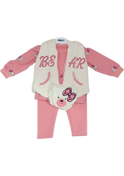 6102CE Kız Bebek Bear Nakışlı Dörtlü Gül Kurusu Takım