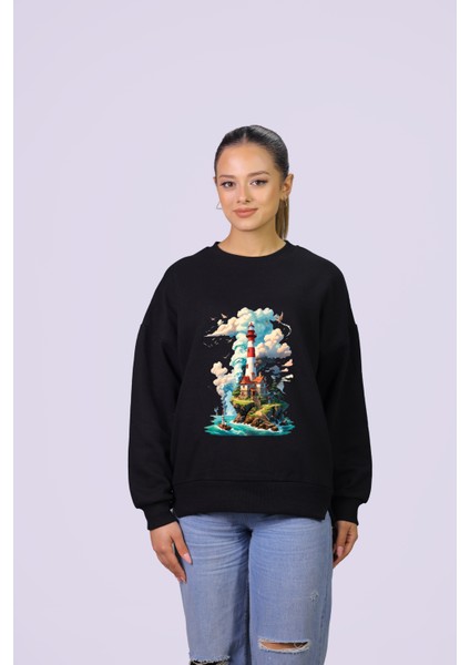 Deniz Feneri Temalı Özel Tasarım Crop Sweatshirt