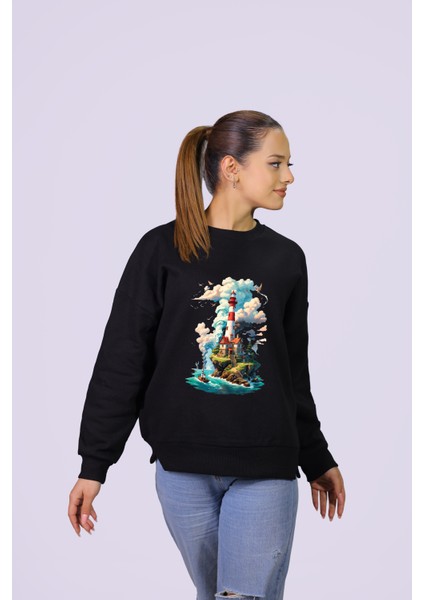 Deniz Feneri Temalı Özel Tasarım Crop Sweatshirt