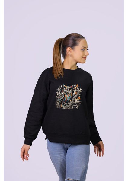 Baykuş Temalı Özel Tasarım Crop Sweatshirt