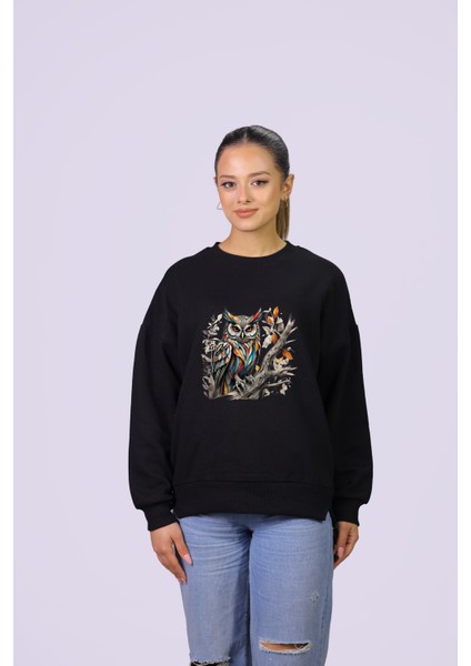 Baykuş Temalı Özel Tasarım Crop Sweatshirt