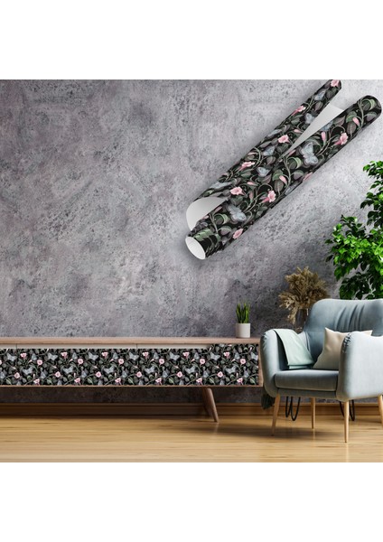 Sarmaşık Çiçeği Desenli Kendinden Yapışkanlı Folyo, Siyah Pembe, Mutfak, Tezgah, Masa, Dolap Kaplama Folyosu, Isıya Dayanıklı, Su Geçirmez, Yapışkan Folyolar, Sticker, Büyük Ebatlı, Dekoros indirimleri