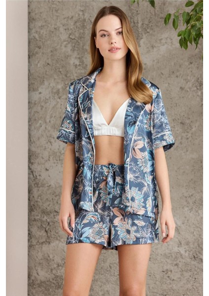 1210 Çiçek Desenli Pijama 3 Parça Set