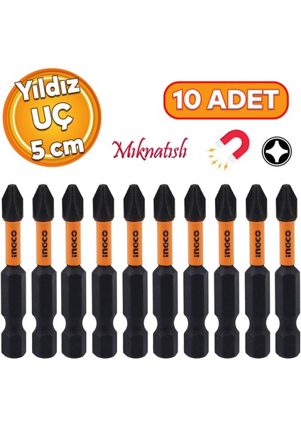 Bits Uç Ph2 50 mm Vida Sökme 5 cm Yıldız Matkap Vidalama Ucu S2 Çeliği Mıknatıslı 10 Adet