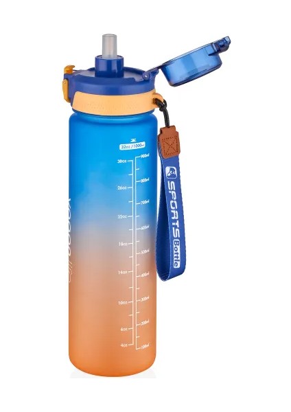 1000ML Çift Renk Pipetli ve Pipetsiz Kullanıma Uygun Motivasyon Matarası Sticker Hediyeli