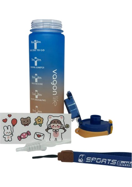 1000ML Çift Renk Pipetli ve Pipetsiz Kullanıma Uygun Motivasyon Matarası Sticker Hediyeli
