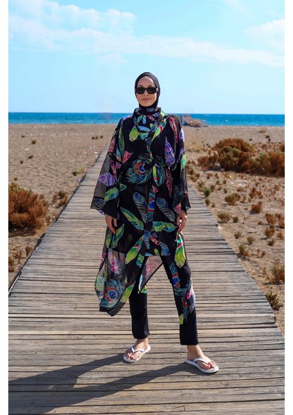 Remsa Tesettür Mayo Üzerine Tek Kaftan Kimono Pareo RP004C Yeşil Tavus Kuşu