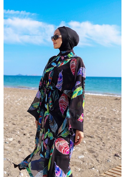Remsa Tesettür Mayo Üzerine Tek Kaftan Kimono Pareo RP004C Yeşil Tavus Kuşu indirimleri
