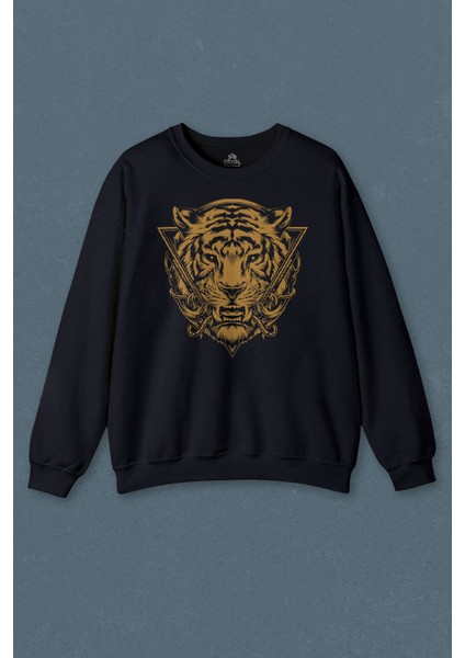 Lacivert Sweatshirt Tiger Kaplan Minimal Urban Street Wear Baskılı Unisex Sweat