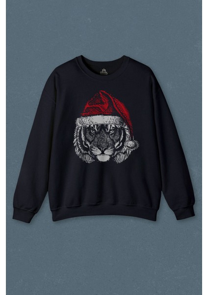 Lacivert Sweatshirt Tiger Wild Cat Kaplan Fesli Noel Şapkali Yılbaşı Christmas Baskılı Unisex Sweat