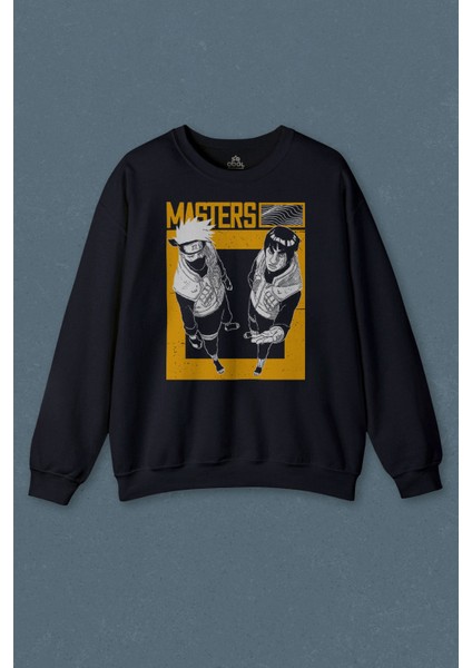 Lacivert Sweatshirt Naruto Kakashi Masters Anime Dizi Ustalar Japonca Baskılı Unisex Sweat
