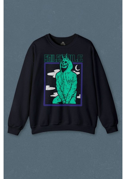 Lacivert Sweatshirt Smile Skull Urban Wear Street Culture Kuru Kafa Y2K Baskılı Unisex Sweat
