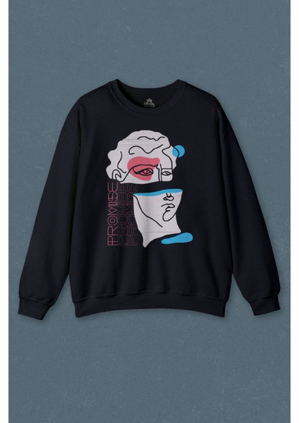 Lacivert Sweatshirt Statue Minimal Street Culture Soft Renkler Heykel Y2K Baskılı Unisex Sweat