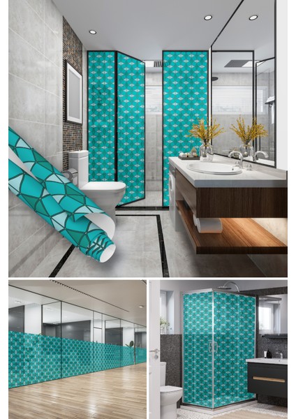 Geometrik Desenli Kendinden Yapışkanlı Şeffaf Folyo, Cam Vitray Görünümlü Mavi Folyolar, Su Geçirmez, Işık Geçirgen, Banyo, Yatak Odası, Mutfak Için Ev Dekoru, Duşakabin, Pencere Kaplama Dekoros