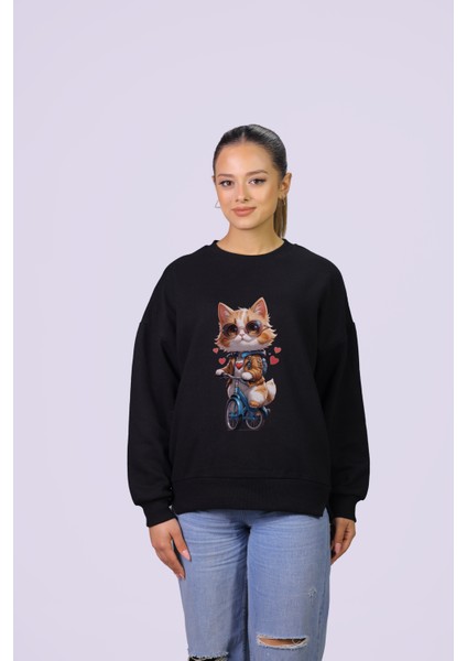 Biskiletli Kedi Temalı Özel Tasarım Crop Sweatshirt