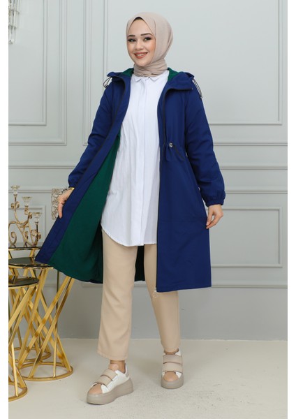 Belden Bağlamalı Kapşonlu Trençkot-1905 İndigo